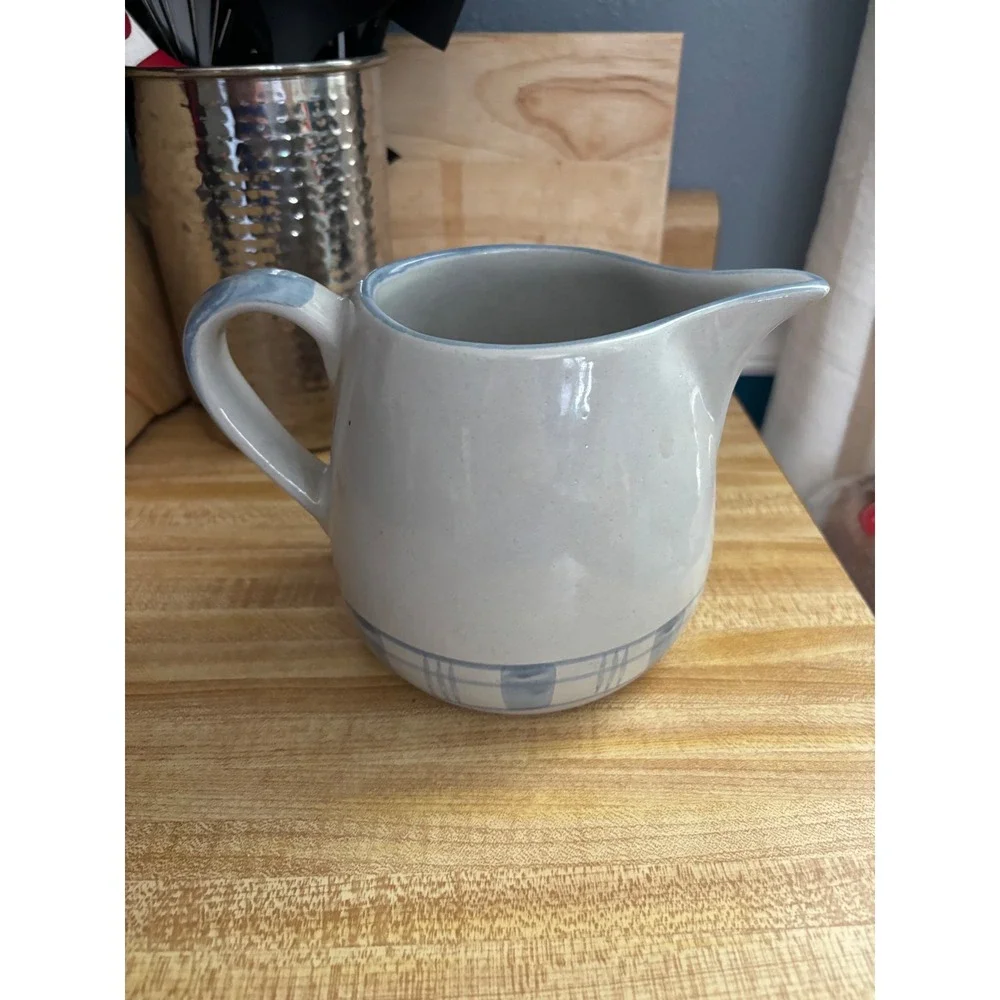 Louisville Stoneware Gaggle of Geese Creamer Pitcher Blue Grey Plaid Farmhouse